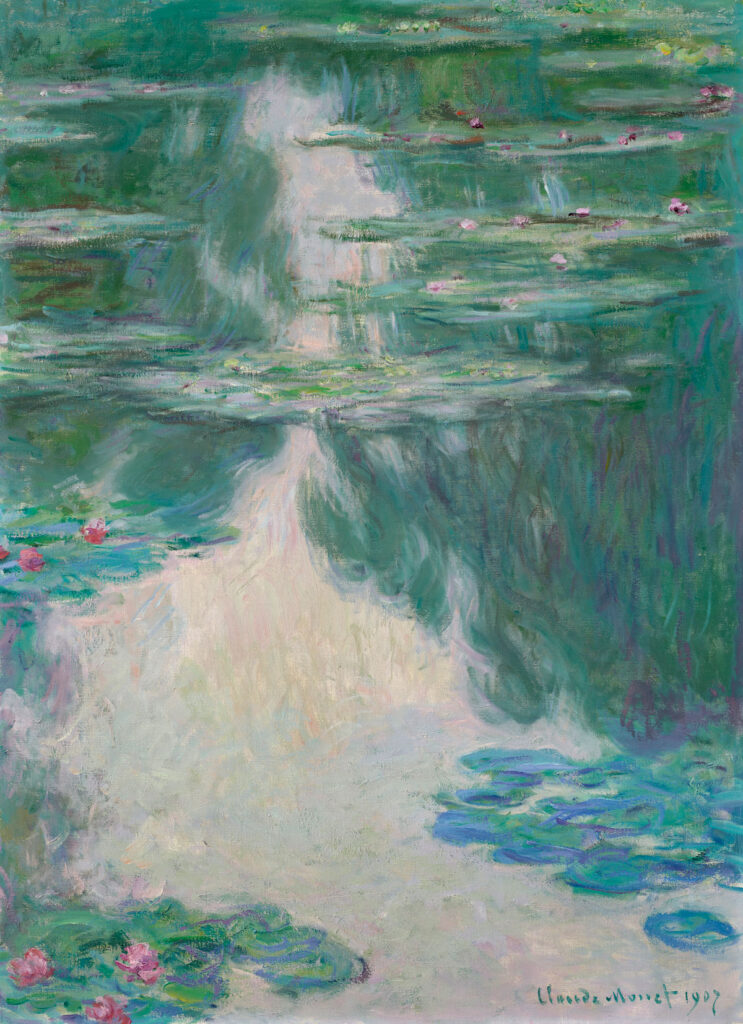 The image is a painting by Claude Monet titled "Nymphéas," part of his famous Water Lilies series. It depicts a serene pond with water lilies floating on the surface. The water reflects green and blue hues, with soft brushstrokes creating a sense of movement and fluidity. Pink and white water lilies dot the surface, adding vibrant color contrasts. The overall composition is tranquil and impressionistic, capturing the beauty and tranquility of nature. Monet's signature and the date "1907" are visible in the bottom right corner.