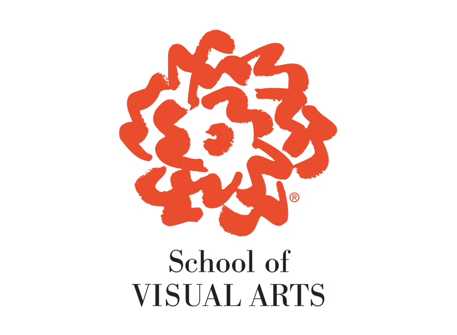 The image displays the logo of the School of Visual Arts (SVA). The logo consists of a stylized red flower-like design composed of wavy, organic shapes. Below the design, the text "School of VISUAL ARTS" is written in a formal, serif font, with "VISUAL ARTS" in capital letters. The background is white, which contrasts with the red design and black text, making the elements stand out prominently.